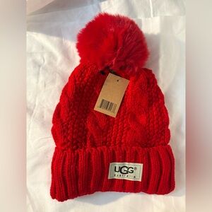 UGG Australia Bright Red Cable Knit Beanie Hat with Pom-Pom. Lined
